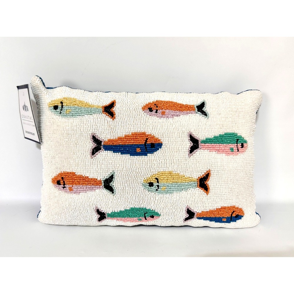 Coastal Collection Colorful Fish Sardines Beaded Decorative Small Pillow NEW